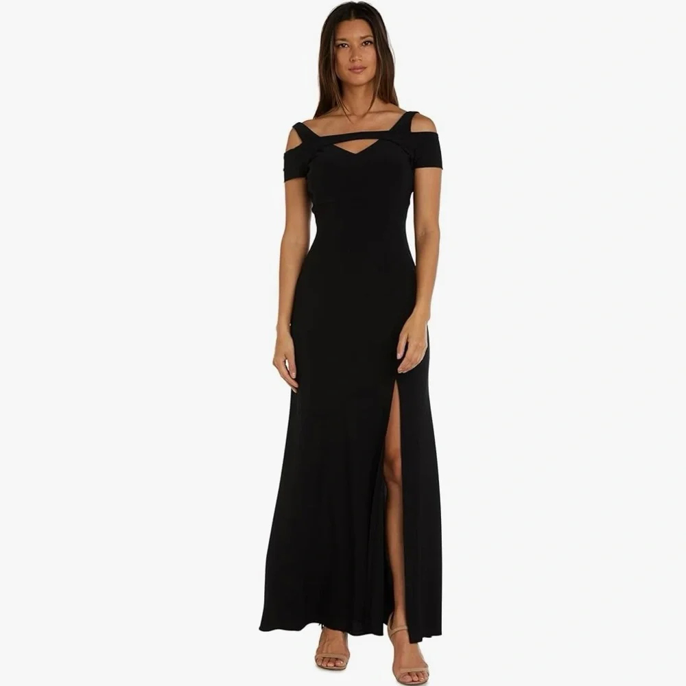 Nightway Elegant Black Evening Gown with slit and cut out shoulders - Picture 1 of 10